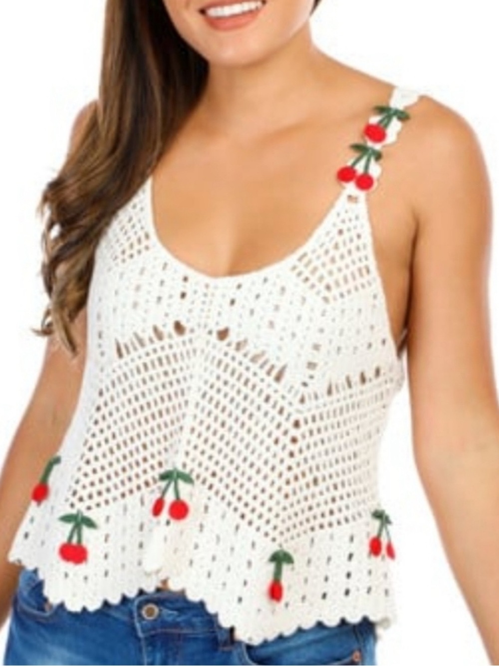 Rebellion White Crochet Top with Cherries, Size Medium